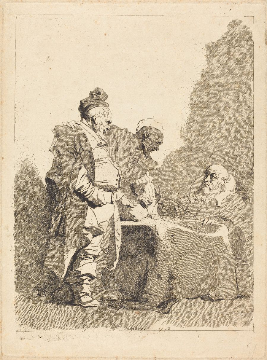 Sepia etching: two shabbily dressed men stand before a bearded official seated at a draped table, who leans over their papers. Fragonard's 1778 satire of tax collectors.
